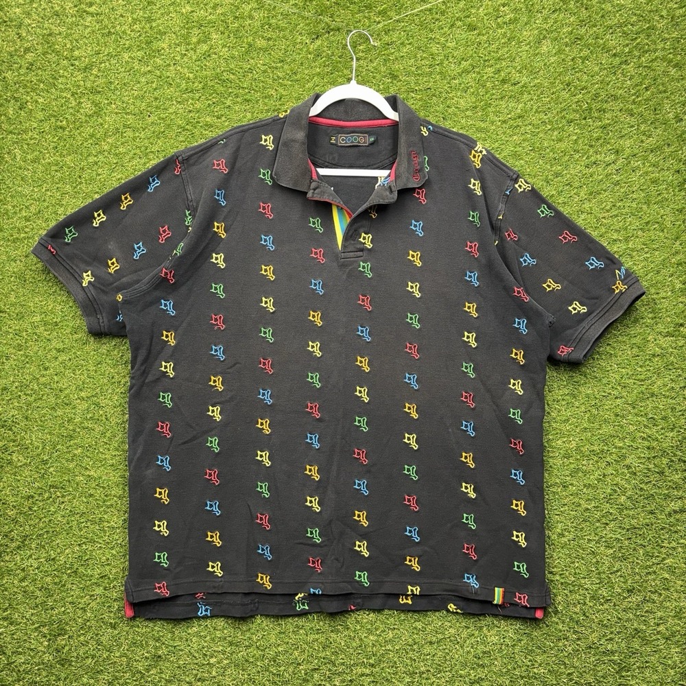 COOGI Polo Shirt Mens 2XL Black Rainbow Embroidery Button Up AOP Logo y2k 90s